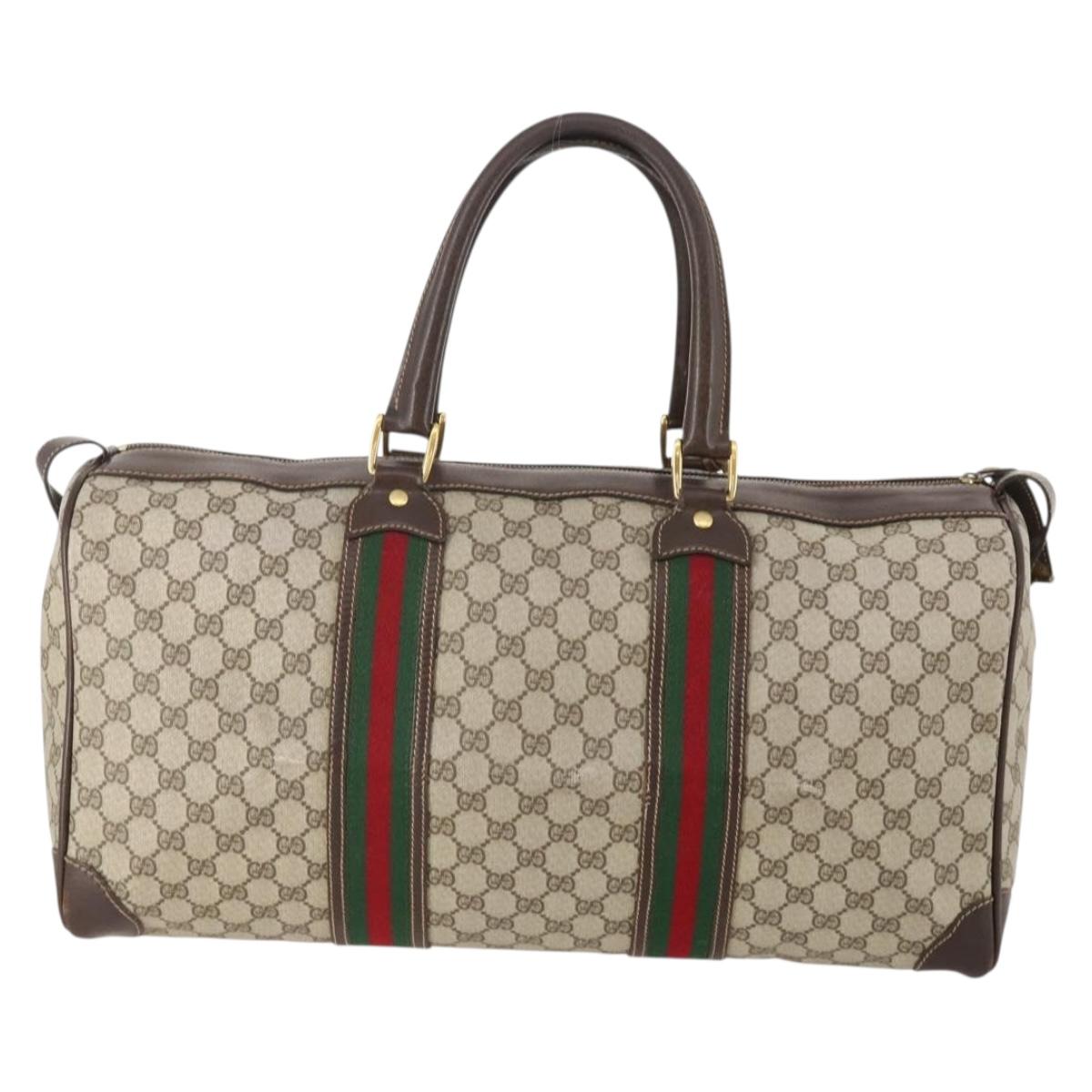 GUCCI GG Supreme Web Sherry Line Boston Bag PVC Beige Red Auth 180146
