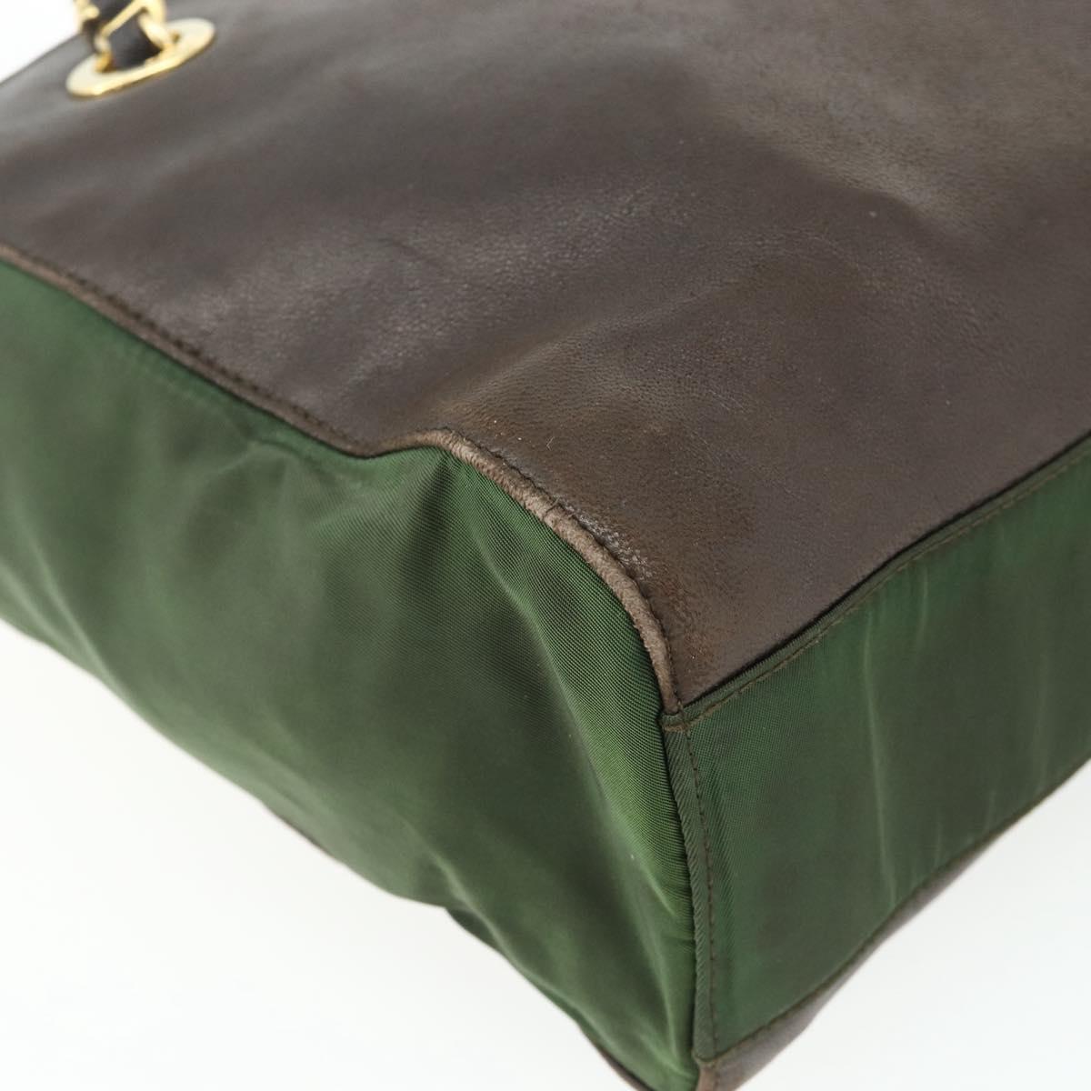 PRADA Chain Tote Bag Nylon Leather Green Gold Auth 180152