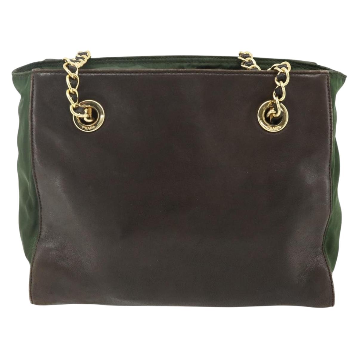 PRADA Chain Tote Bag Nylon Leather Green Gold Auth 180152