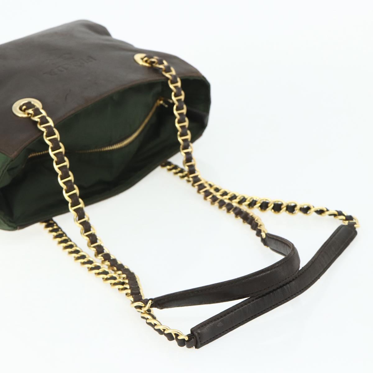 PRADA Chain Tote Bag Nylon Leather Green Gold Auth 180152