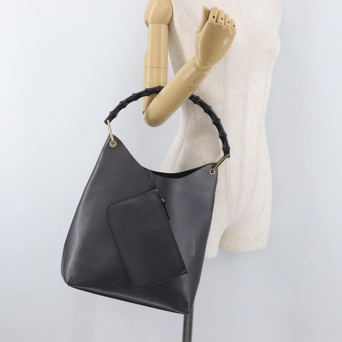 GUCCI Bamboo Shoulder Bag Leather Black Gold Auth 180204