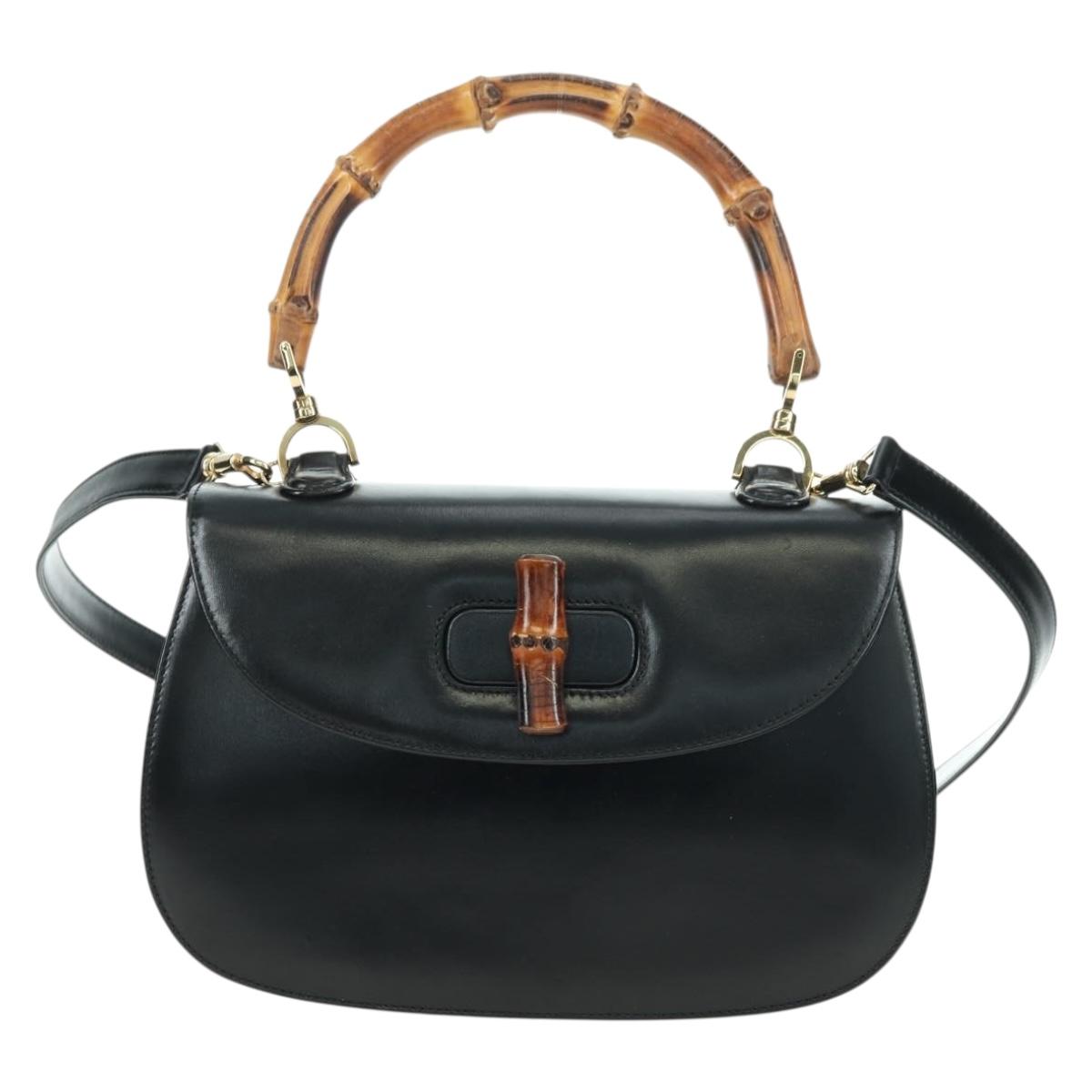 GUCCI Bamboo Hand Bag Leather 2way Black Gold 000 1364 0633 Auth 180208V