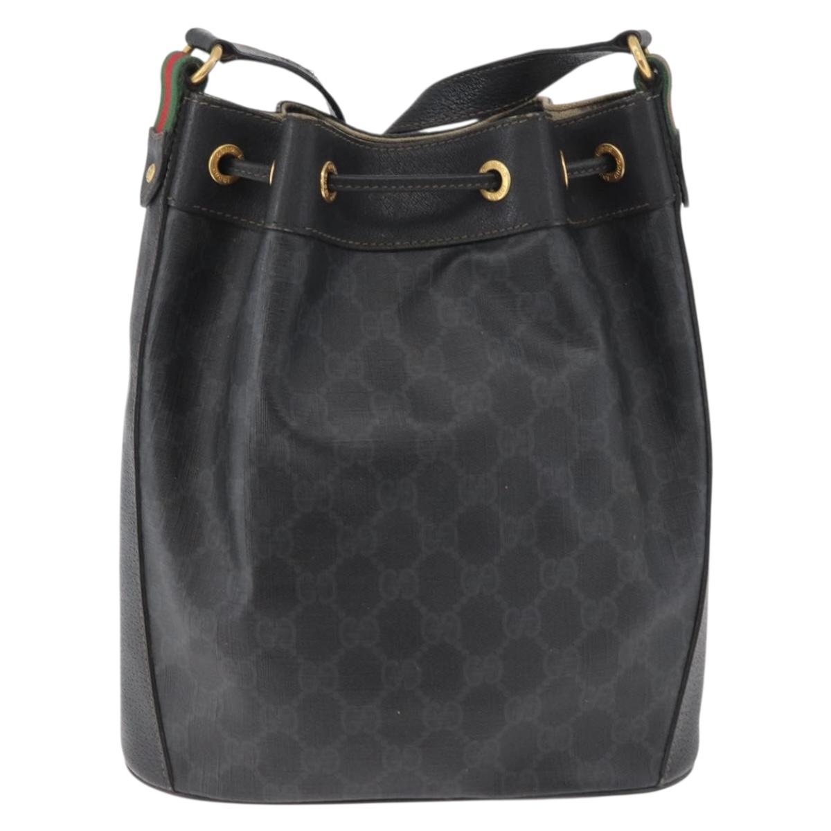 GUCCI GG Supreme Drawstring Web Sherry Line Bag PVC Black 41 02 034 Auth 180217