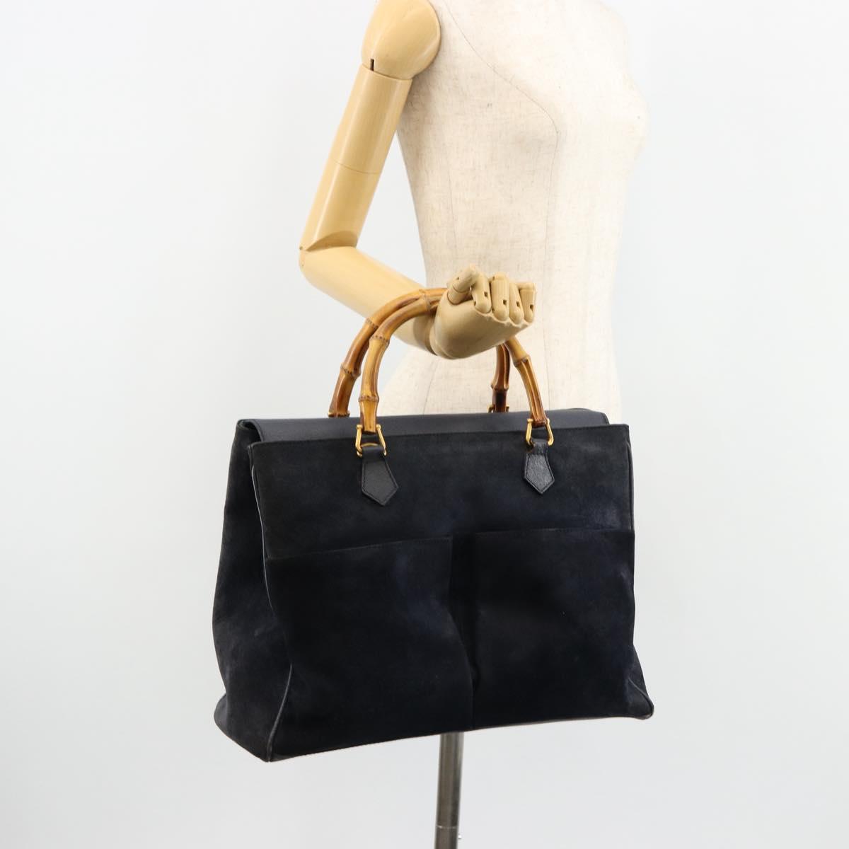 GUCCI Bamboo Tote Bag Suede Navy Gold 002 123 0322 Auth 180219