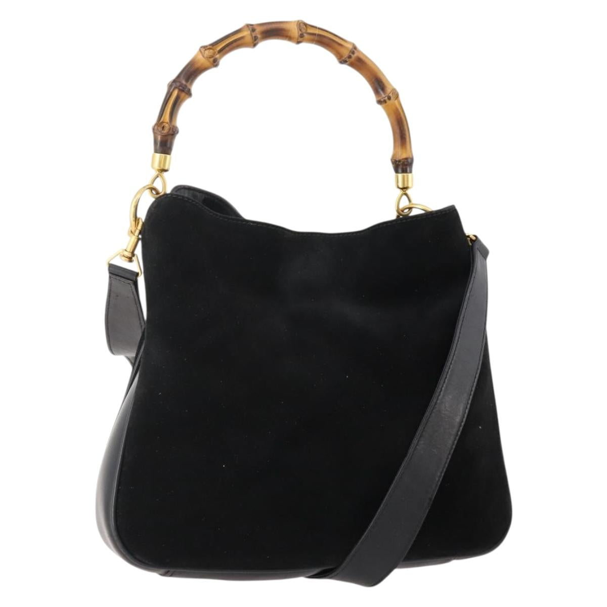 GUCCI Bamboo Shoulder Bag Suede 2way Black Gold 001 2404 1638 0 Auth 180224