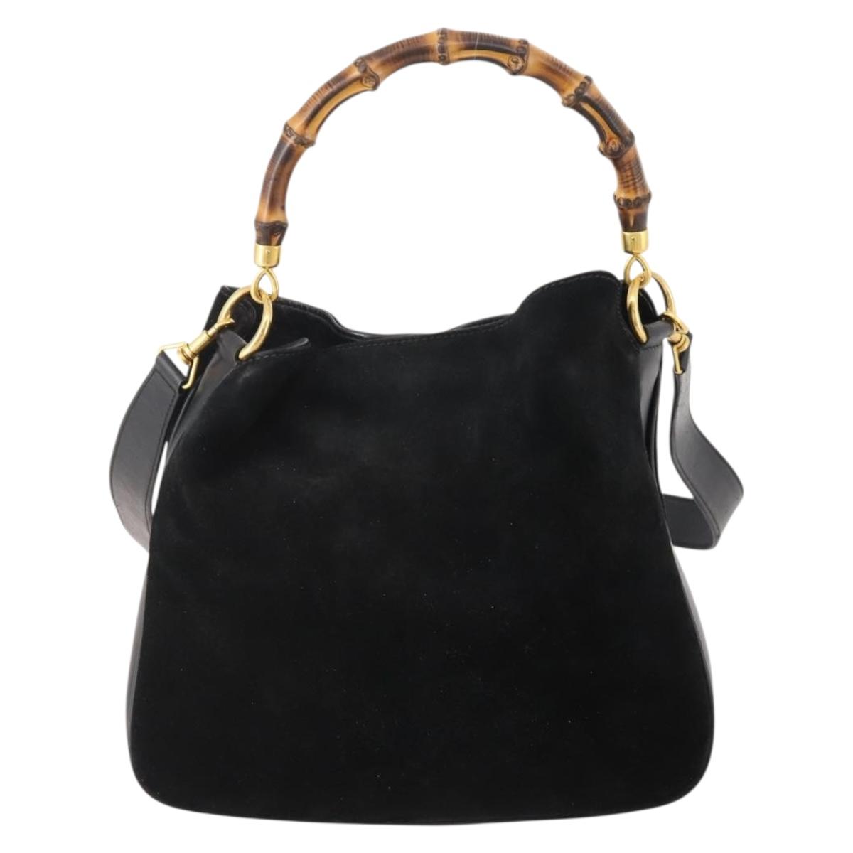 GUCCI Bamboo Shoulder Bag Suede 2way Black Gold 001 2404 1638 0 Auth 180224