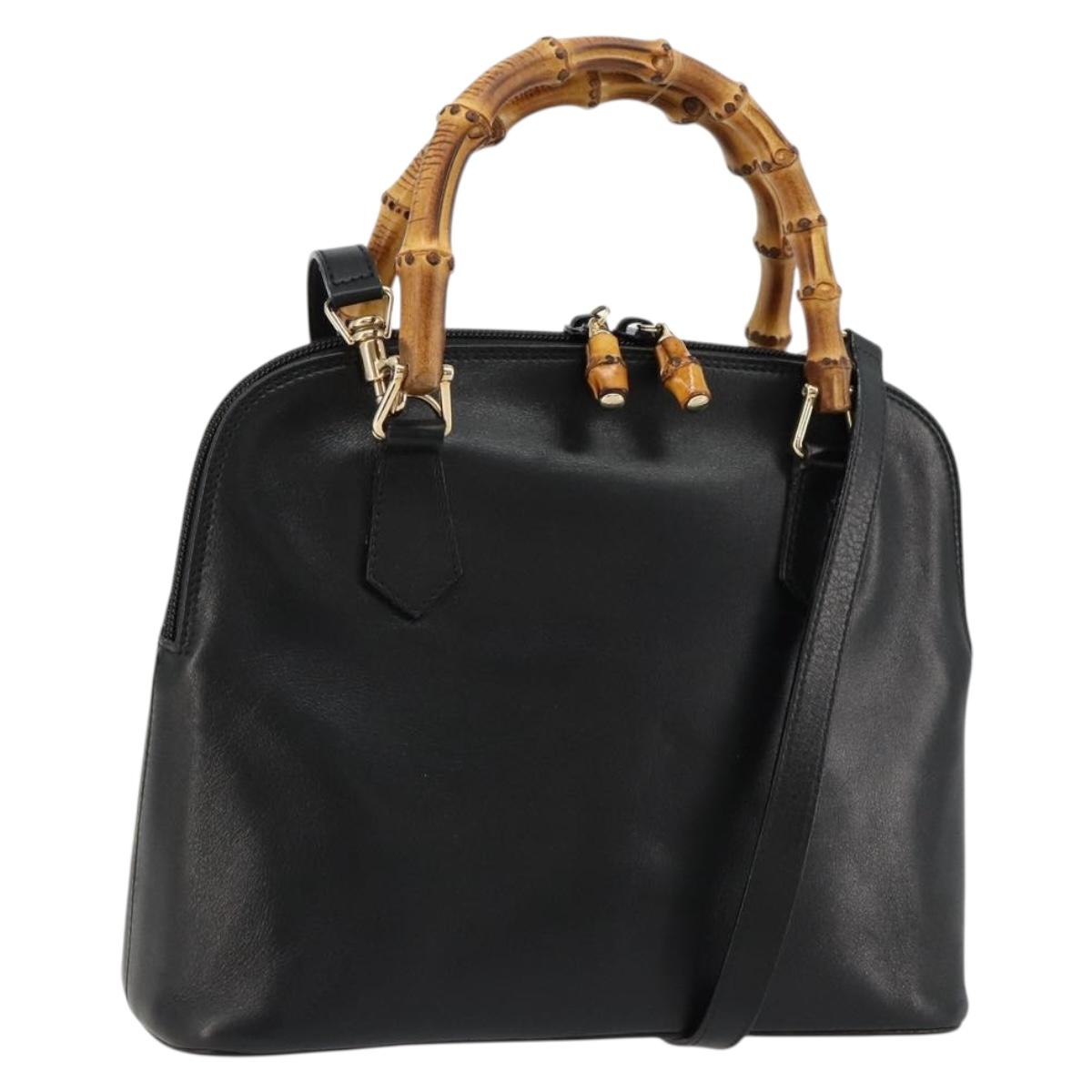 GUCCI Bamboo Hand Bag Leather 2way Black Gold 000 2122 0290 Auth 180225