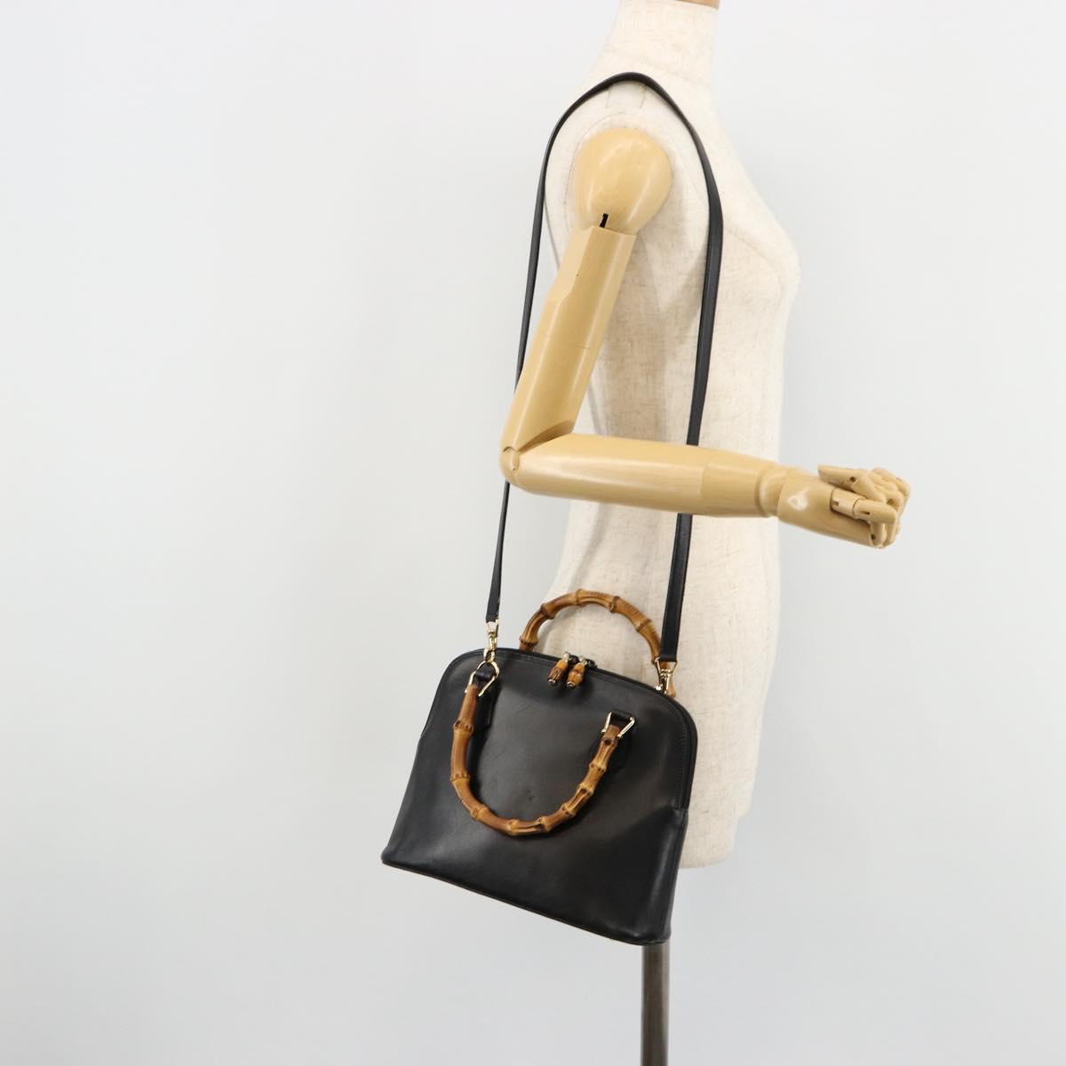 GUCCI Bamboo Hand Bag Leather 2way Black Gold 000 2122 0290 Auth 180225
