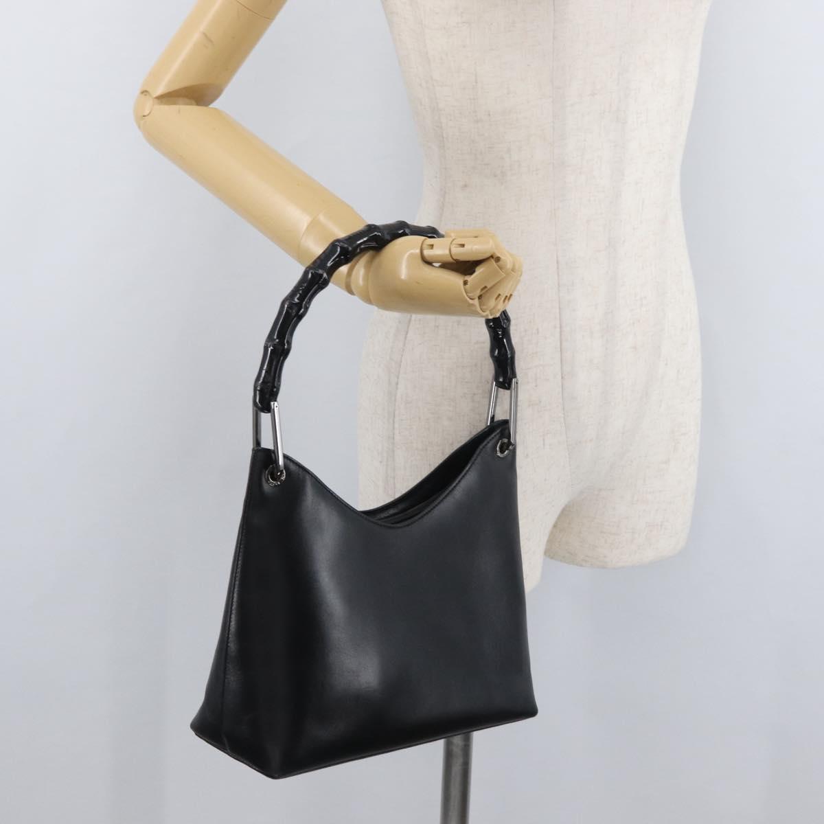 GUCCI Bamboo Shoulder Bag Leather Black Silver Auth 180226
