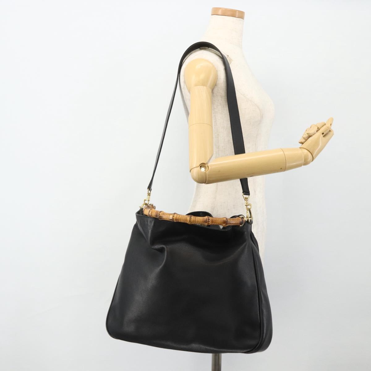 GUCCI Bamboo Shoulder Bag Leather 2way Black Gold 001 1577 Auth 180230