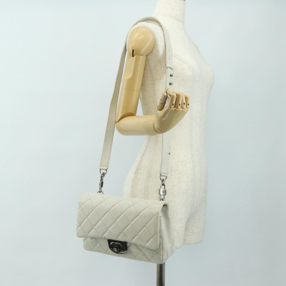 CHANEL Matelasse Chain Shoulder Bag Calf Skin 2way Ivory Silver CC Auth 180288SAV