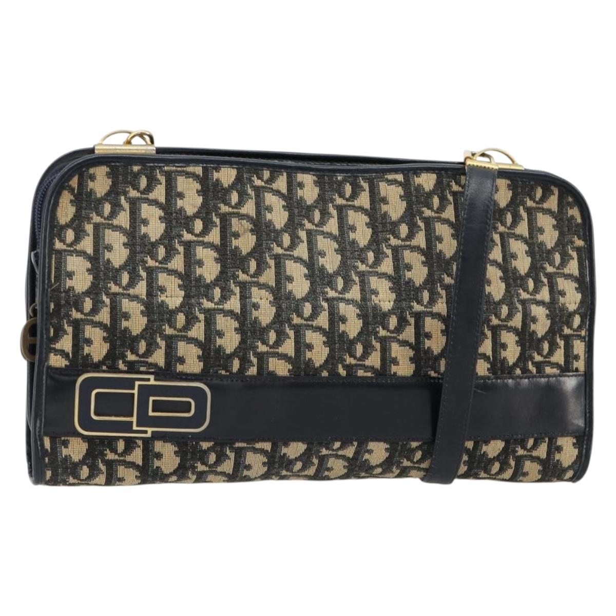 Christian Dior Trotter Canvas Shoulder Bag Navy Gold Auth 180324