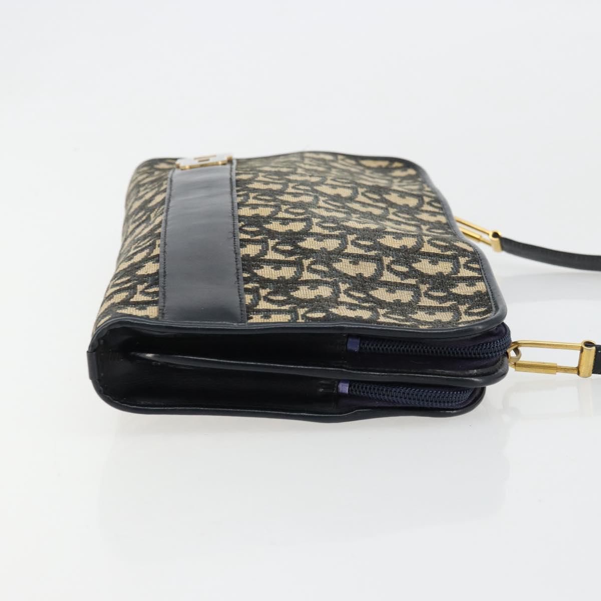 Christian Dior Trotter Canvas Shoulder Bag Navy Gold Auth 180324