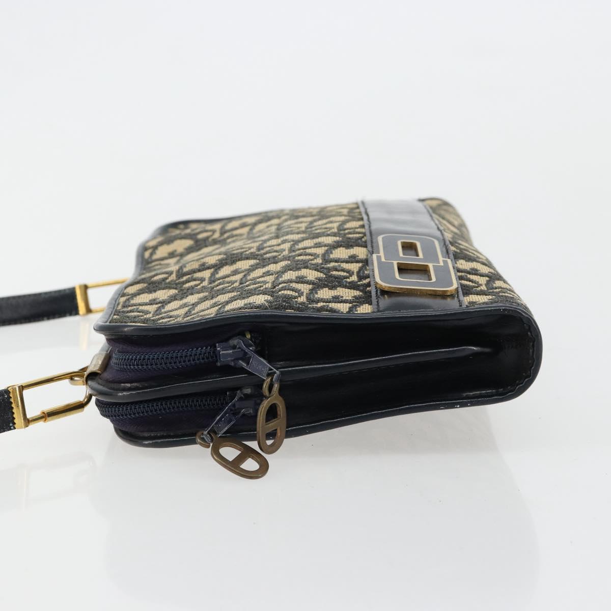 Christian Dior Trotter Canvas Shoulder Bag Navy Gold Auth 180324
