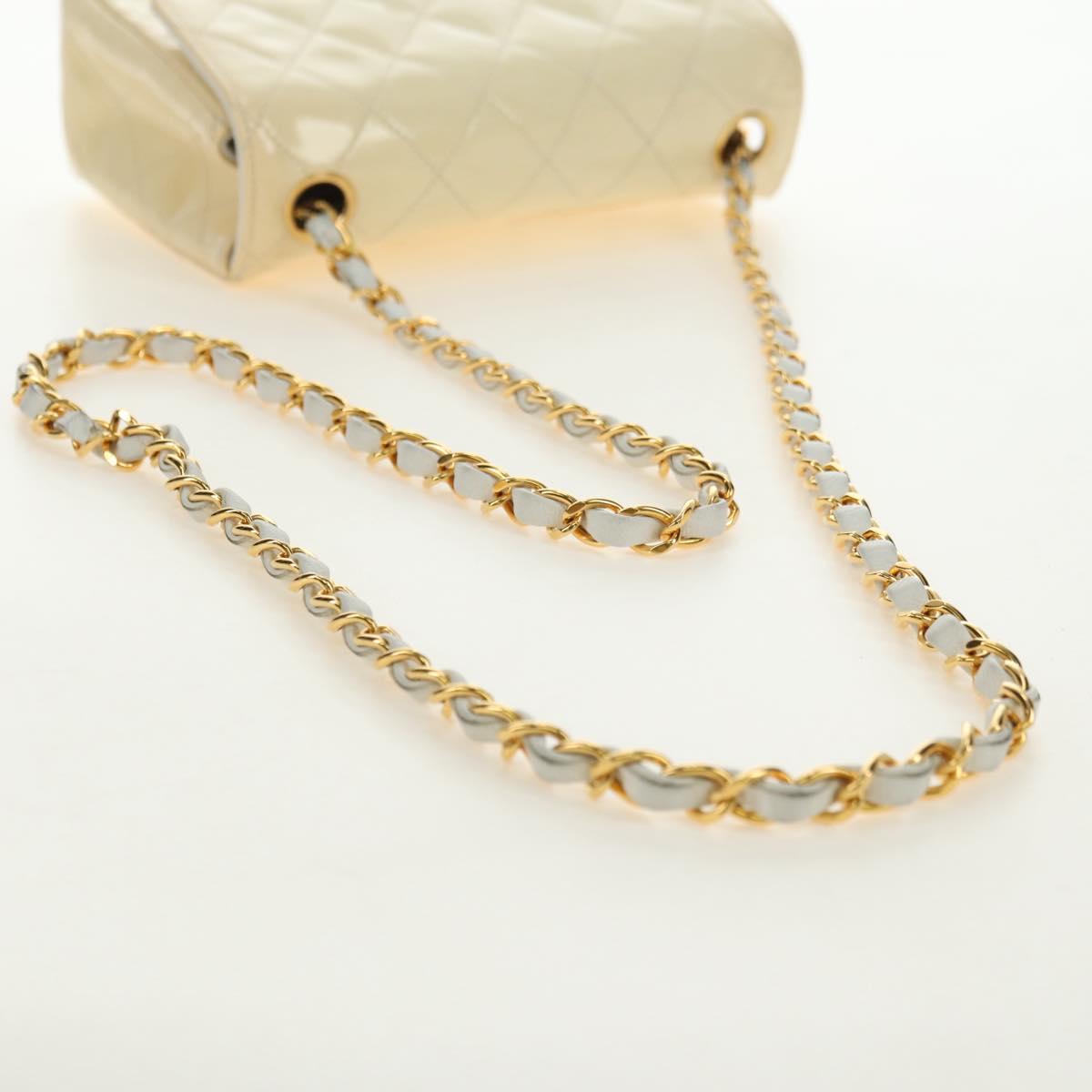CHANEL Mini Matelasse 17 Chain Bag Patent leather Ivory Gold CC Auth 180353V