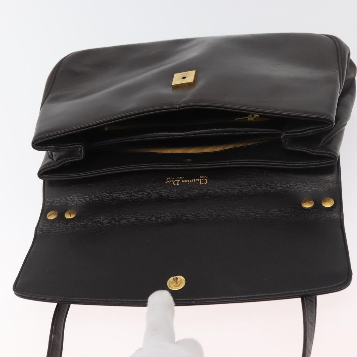 Christian Dior Hand Bag Calf Skin 2way Dark Brown Gold Auth 180355