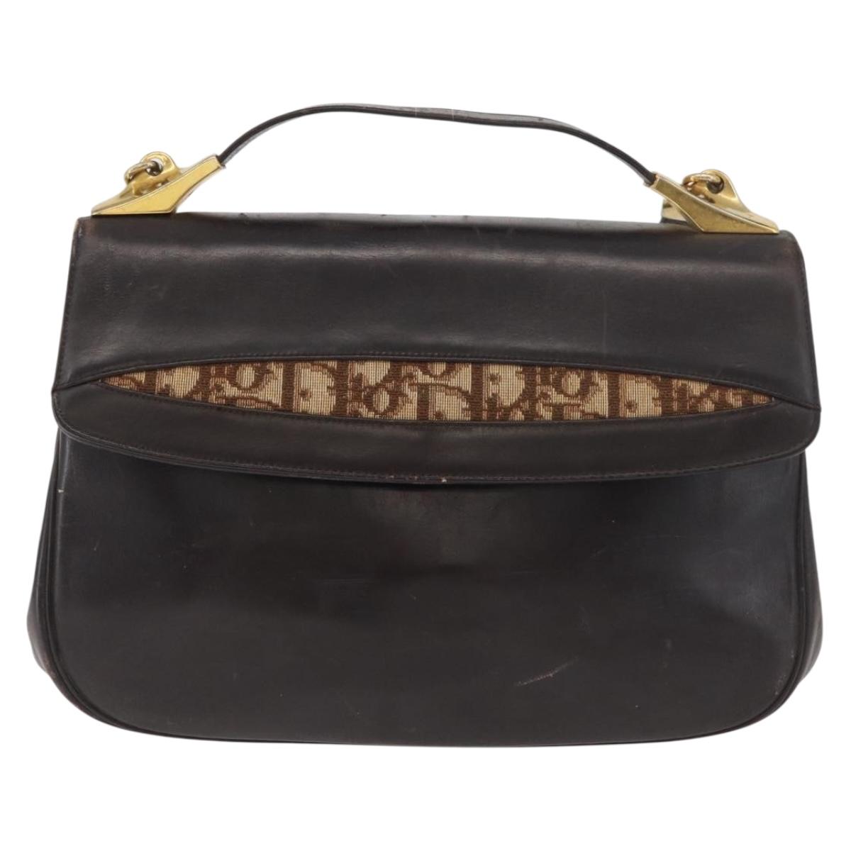 Christian Dior Hand Bag Calf Skin 2way Dark Brown Gold Auth 180355