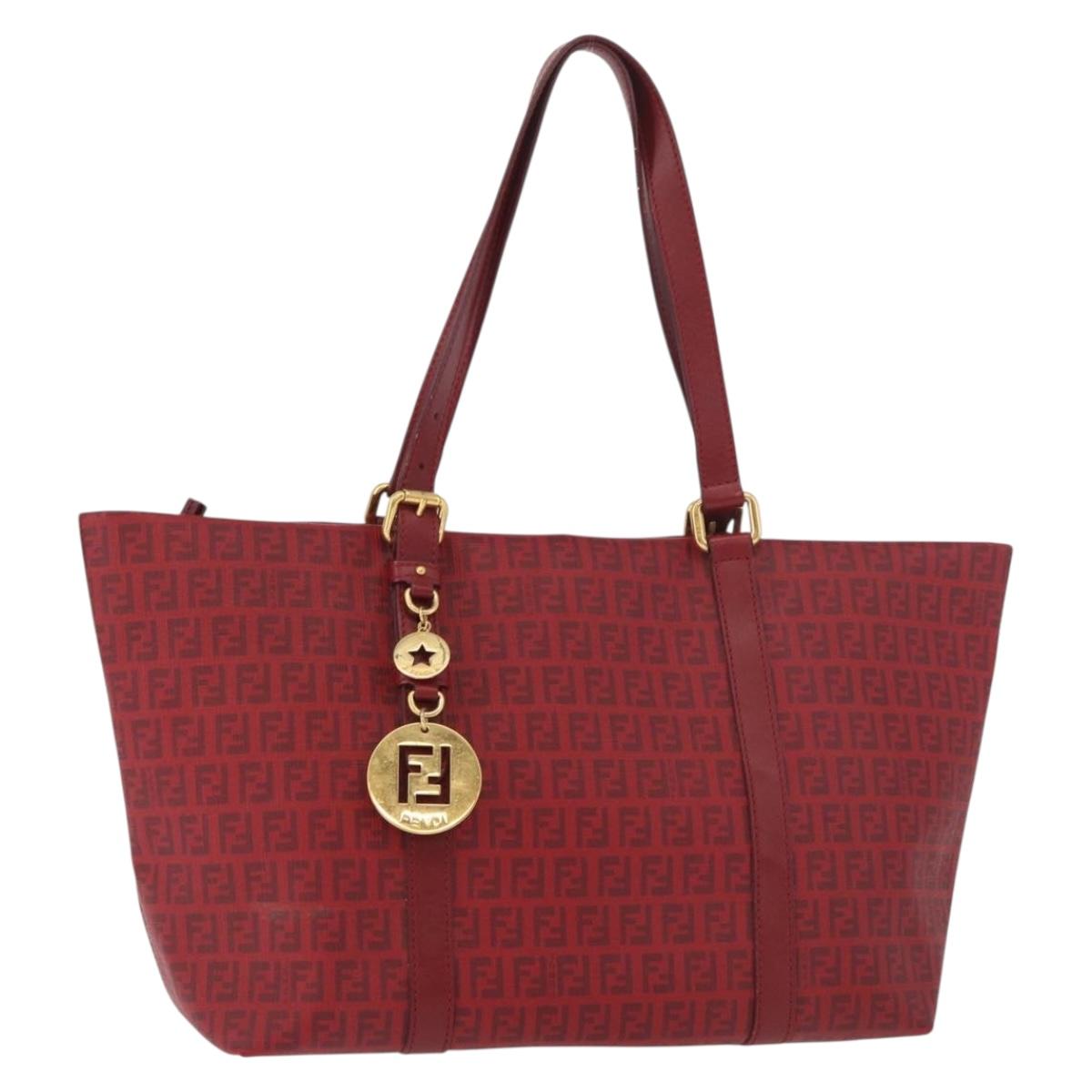 FENDI Zucchino Canvas Tote Bag PVC Red Gold Auth 180357A