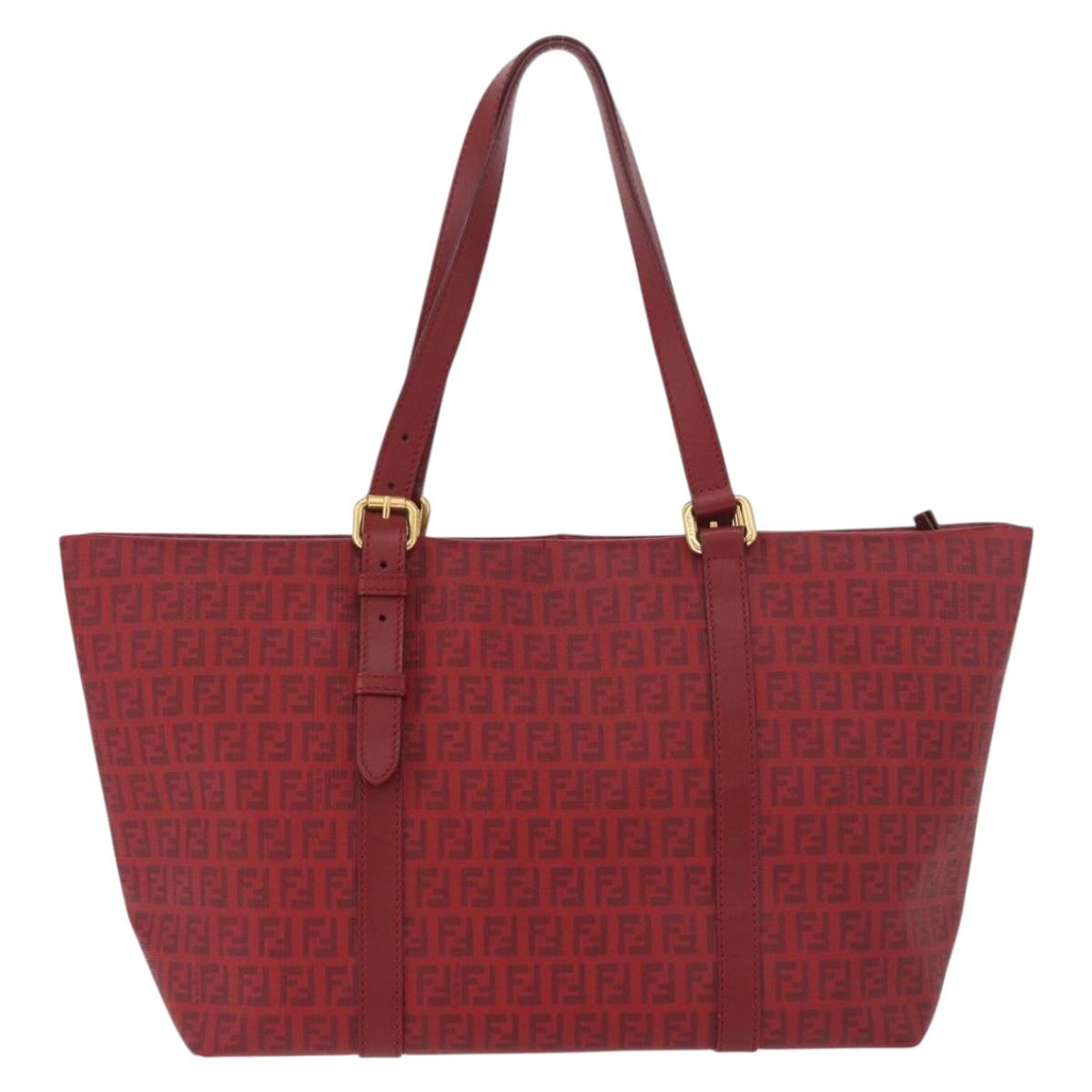 FENDI Zucchino Canvas Tote Bag PVC Red Gold Auth 180357A