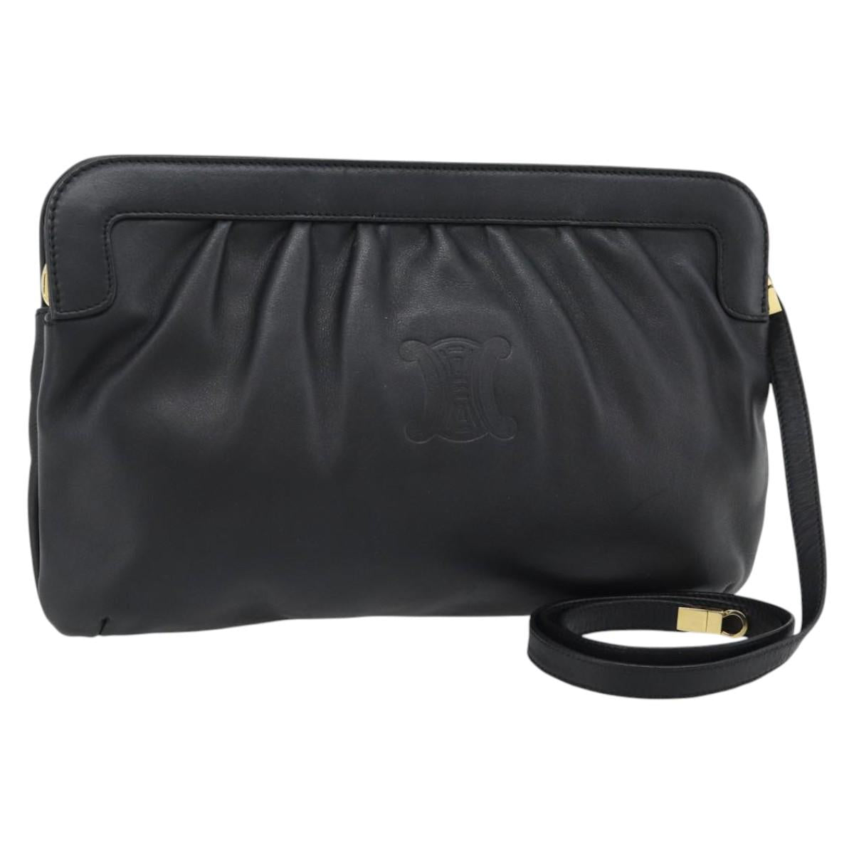 CELINE Shoulder Bag Leather Black Gold Auth 180429