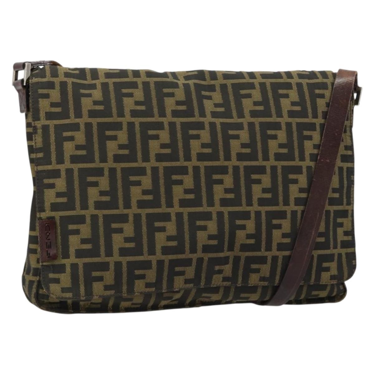FENDI Zucca Canvas Shoulder Bag Black Brown Auth 180430