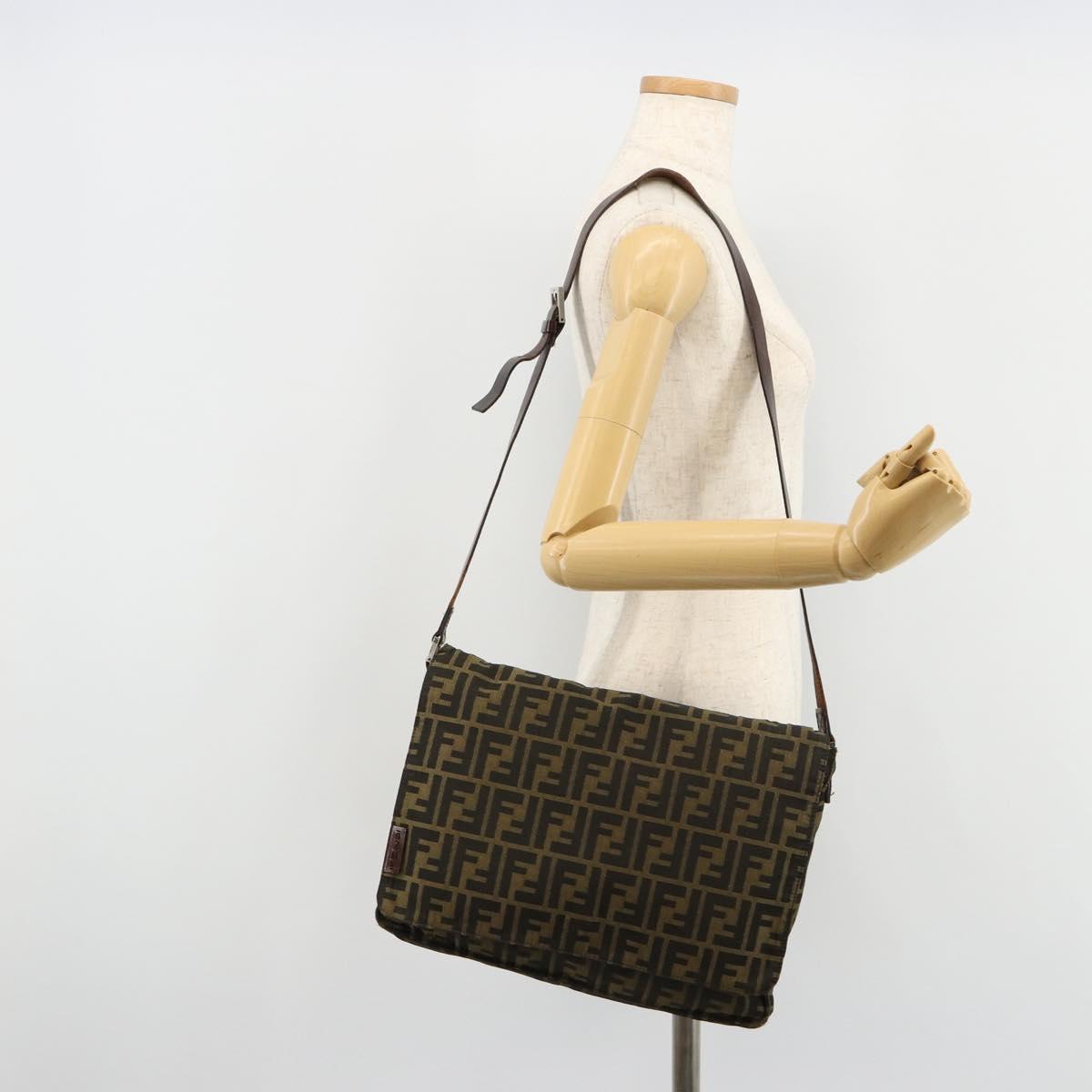 FENDI Zucca Canvas Shoulder Bag Black Brown Auth 180430