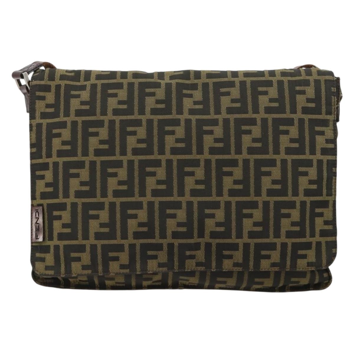 FENDI Zucca Canvas Shoulder Bag Black Brown Auth 180430