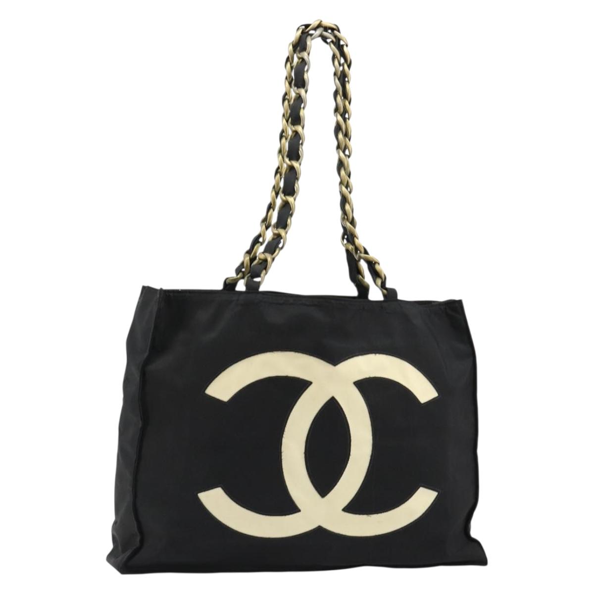 CHANEL Chain Shoulder Tote Bag Nylon Black Gold CC Auth 180433A