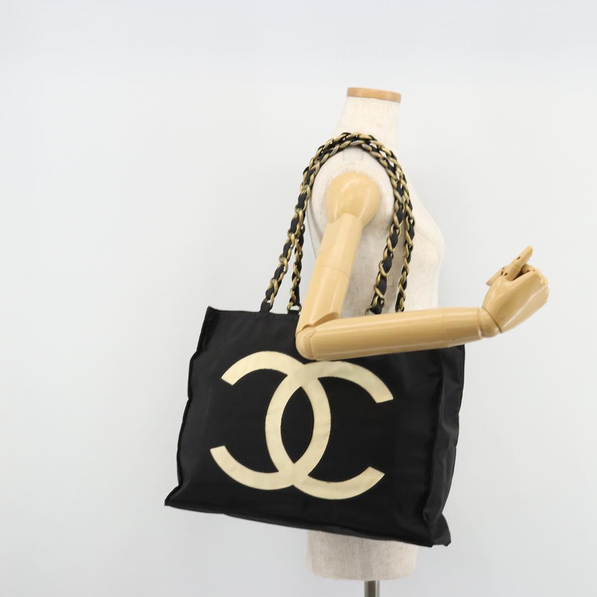 CHANEL Chain Shoulder Tote Bag Nylon Black Gold CC Auth 180433A
