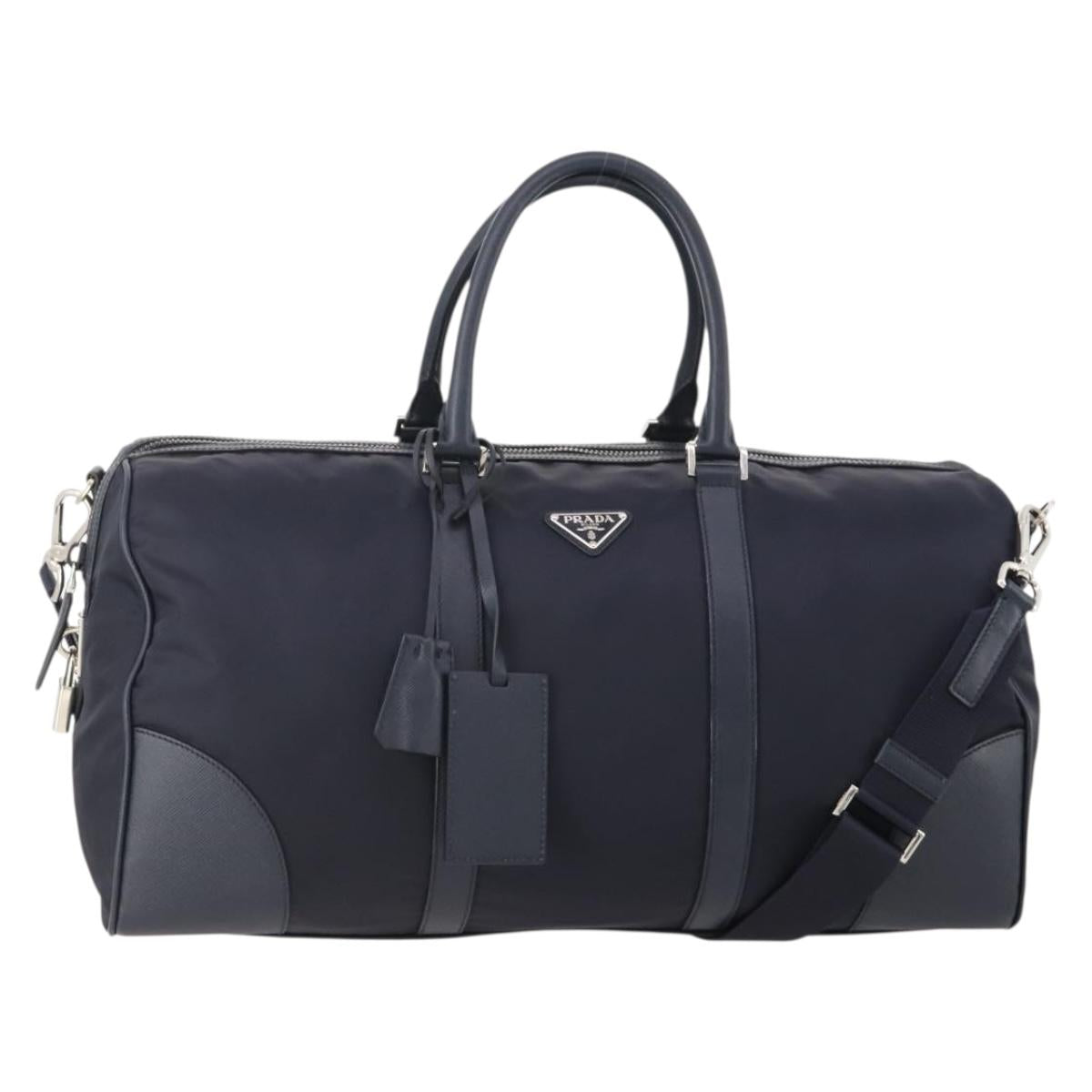 PRADA Boston Bag Nylon 2way Navy Silver Auth 180434SAV