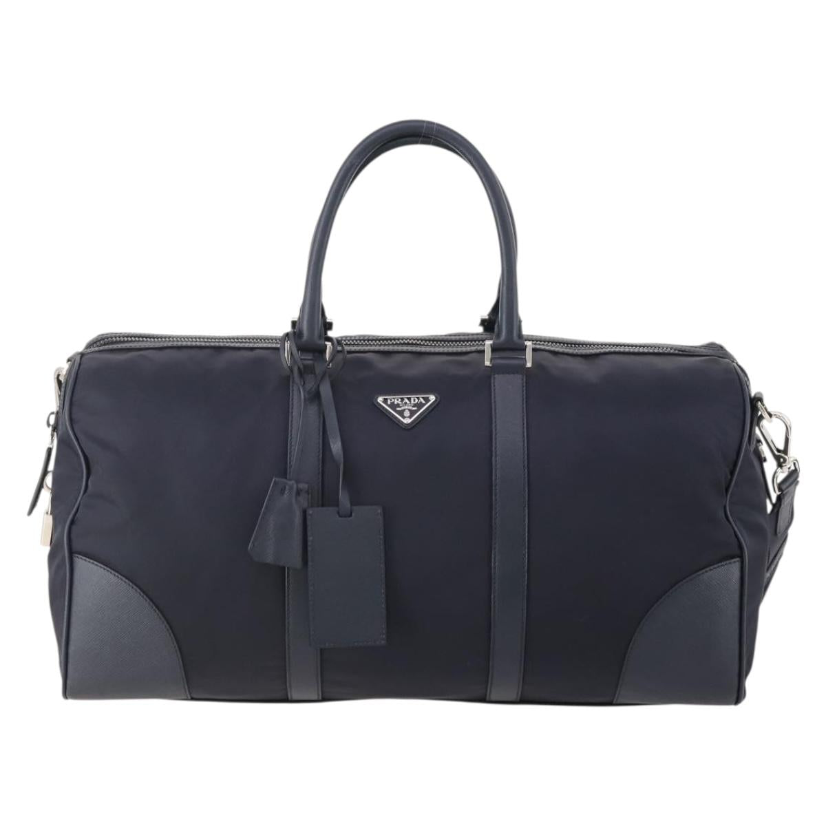 PRADA Boston Bag Nylon 2way Navy Silver Auth 180434SAV