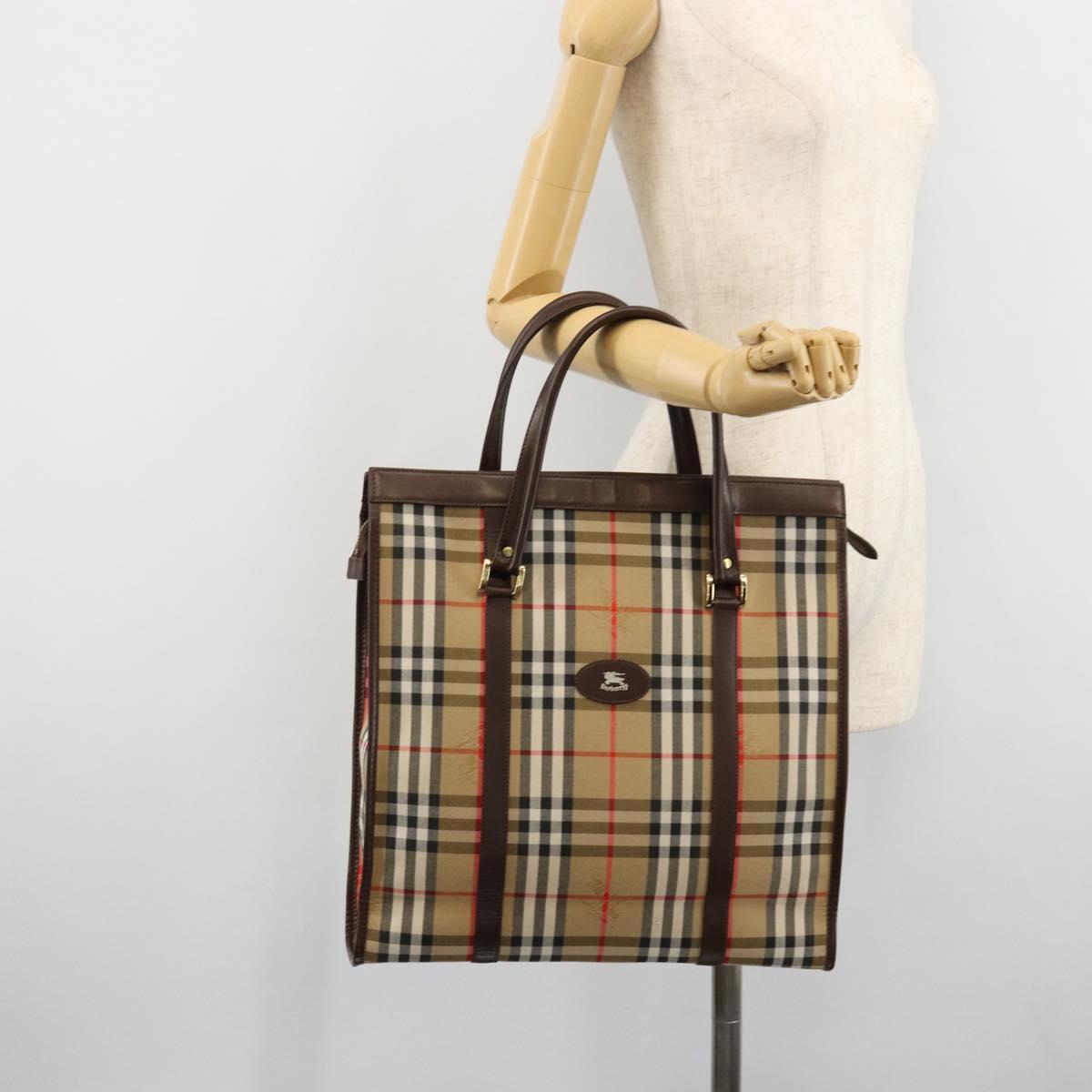 Burberrys Nova Check Hand Bag Canvas Beige Gold Auth 180451A