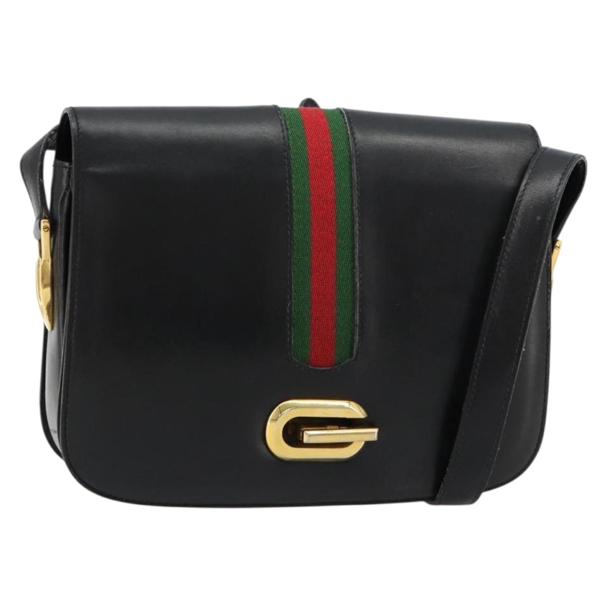 GUCCI Web Sherry Line Shoulder Bag Leather Black Gold Auth 180463A