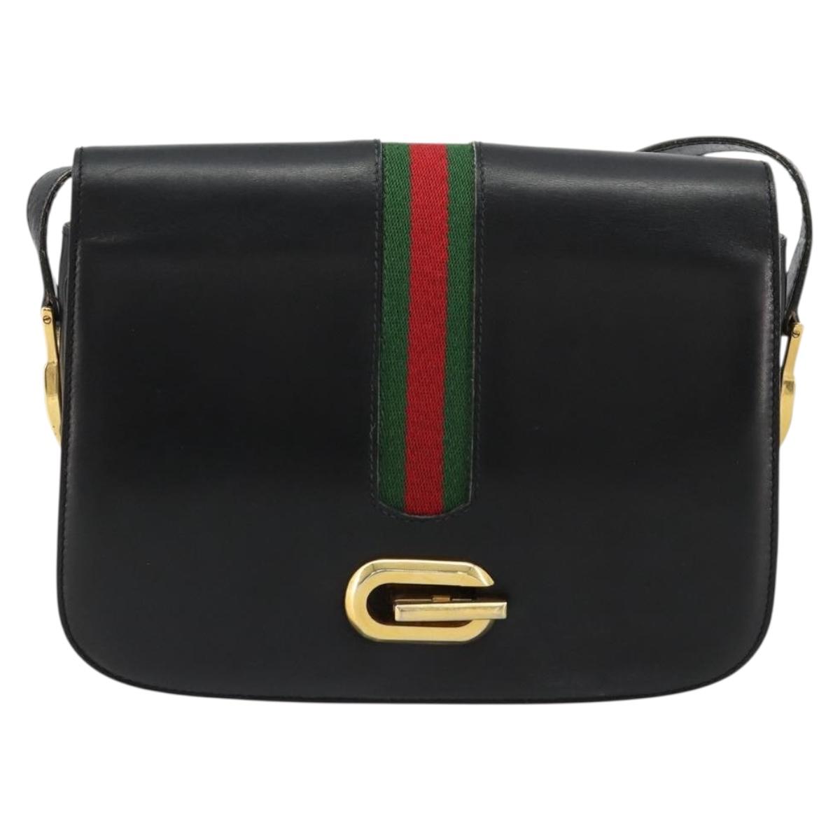 GUCCI Web Sherry Line Shoulder Bag Leather Black Gold Auth 180463A