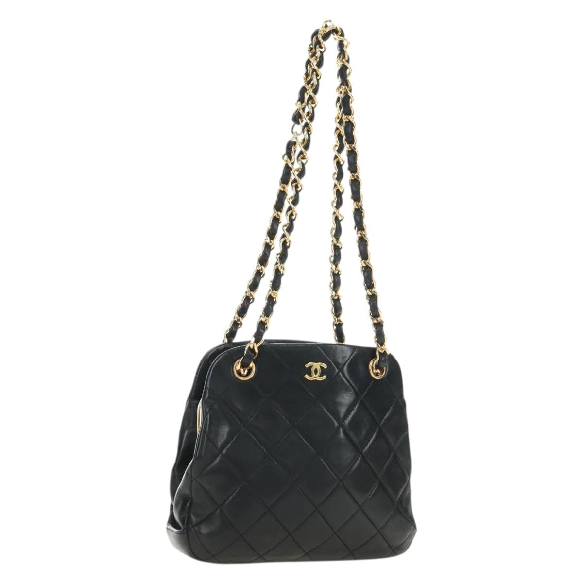 CHANEL Matelasse Chain Shoulder Bag Lamb Skin Black Gold CC Auth 180476SAM