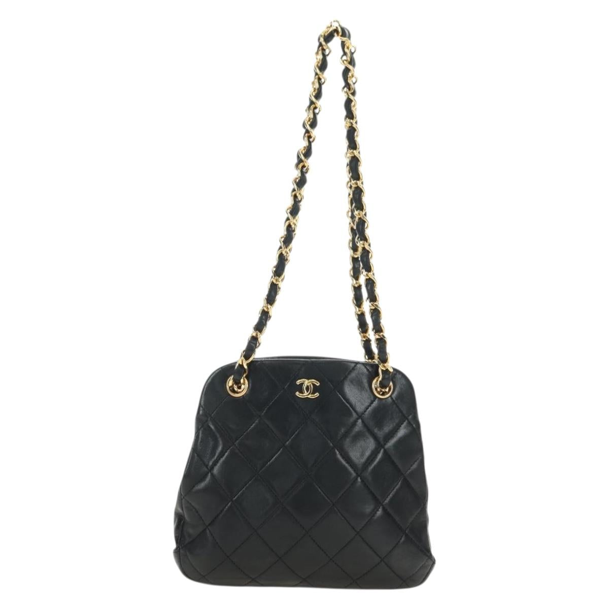 CHANEL Matelasse Chain Shoulder Bag Lamb Skin Black Gold CC Auth 180476SAM