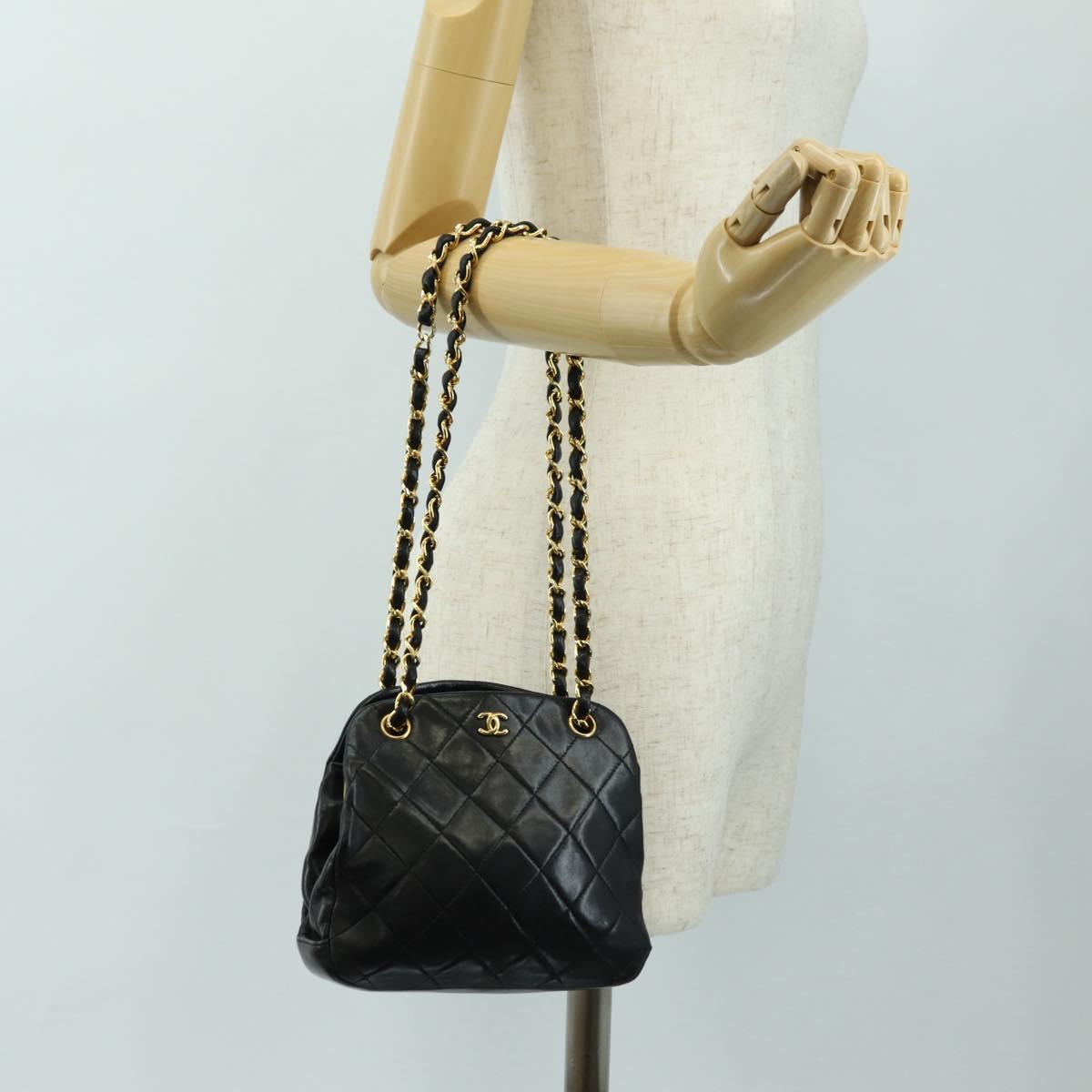 CHANEL Matelasse Chain Shoulder Bag Lamb Skin Black Gold CC Auth 180476SAM