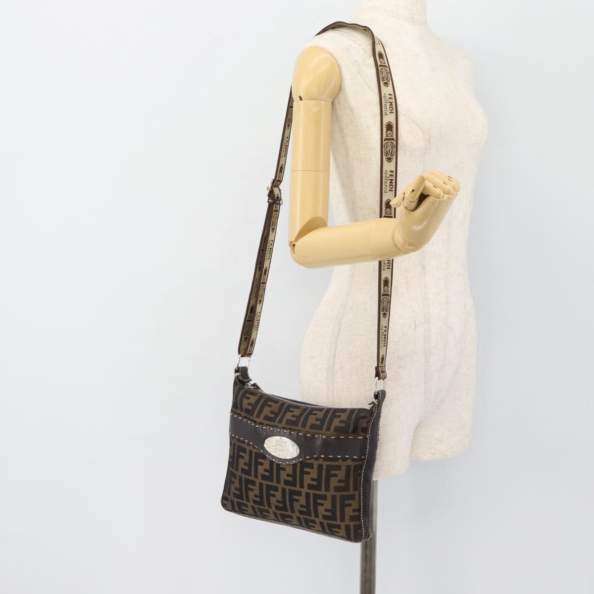 FENDI Zucca Canvas Celeria Shoulder Bag Black Brown Auth 180477