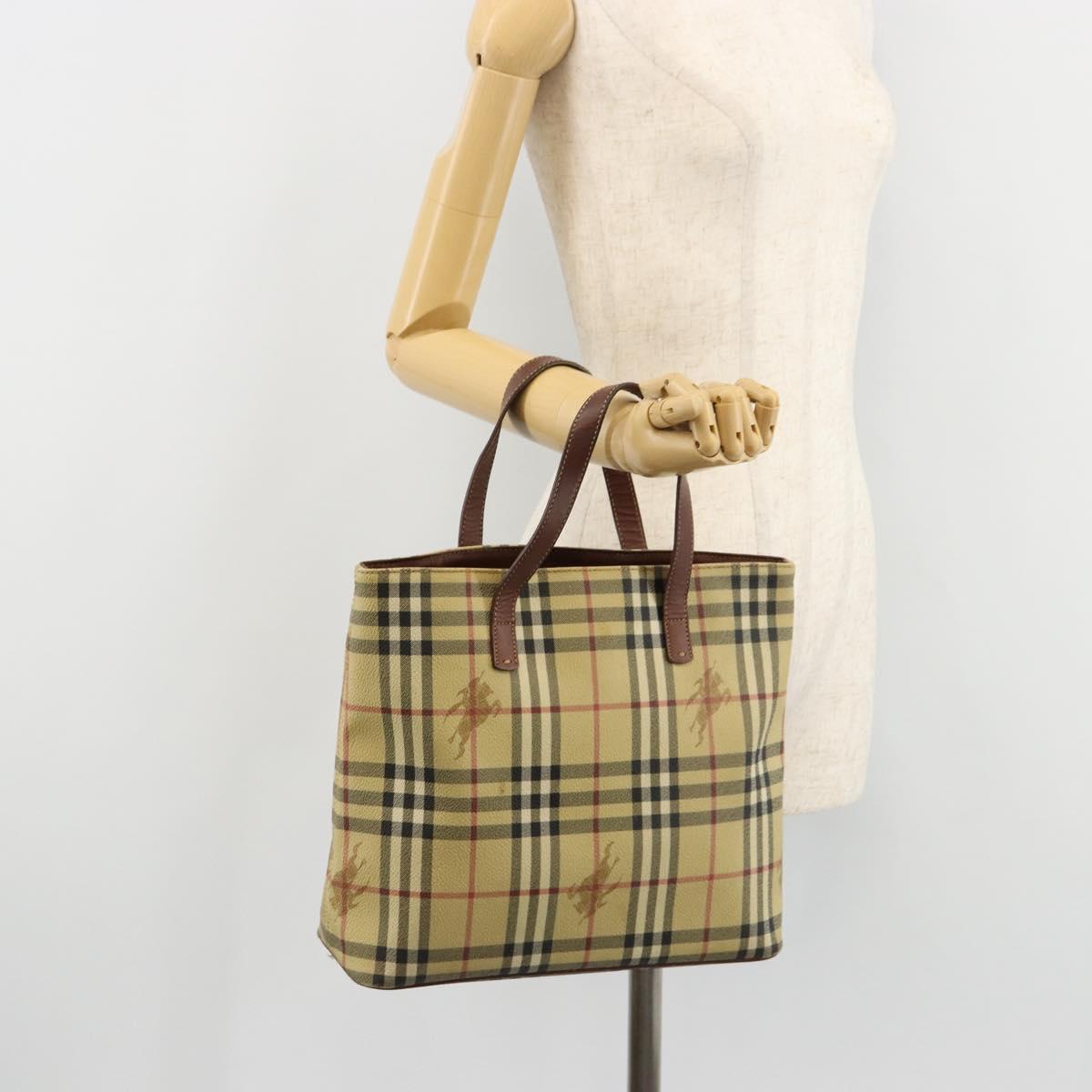 BURBERRY Nova Check Hand Bag PVC Beige Gold Auth 180482A