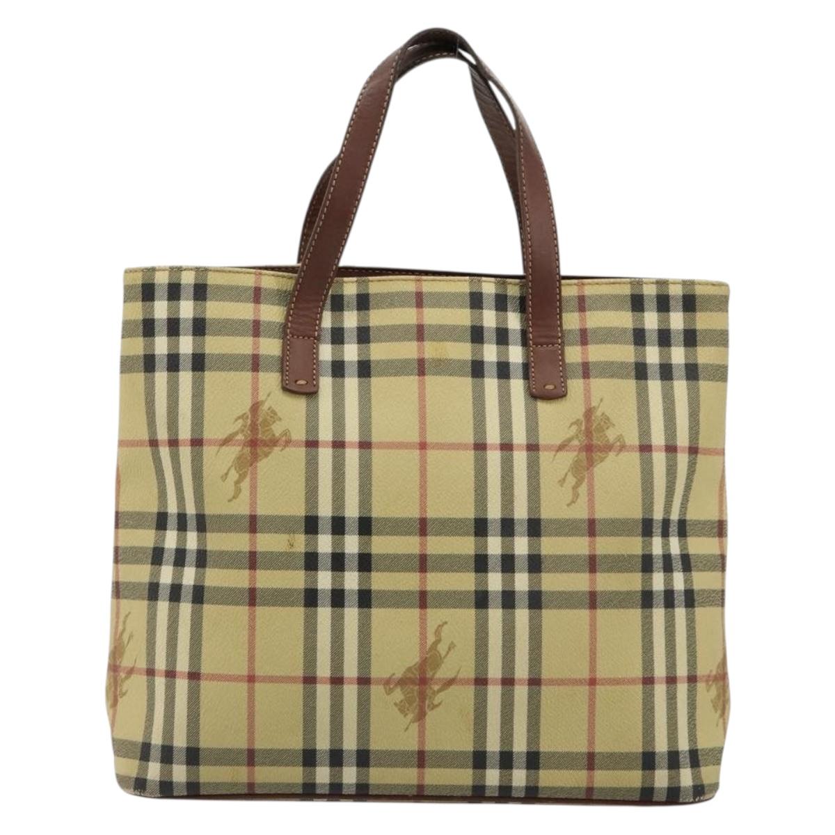 BURBERRY Nova Check Hand Bag PVC Beige Gold Auth 180482A