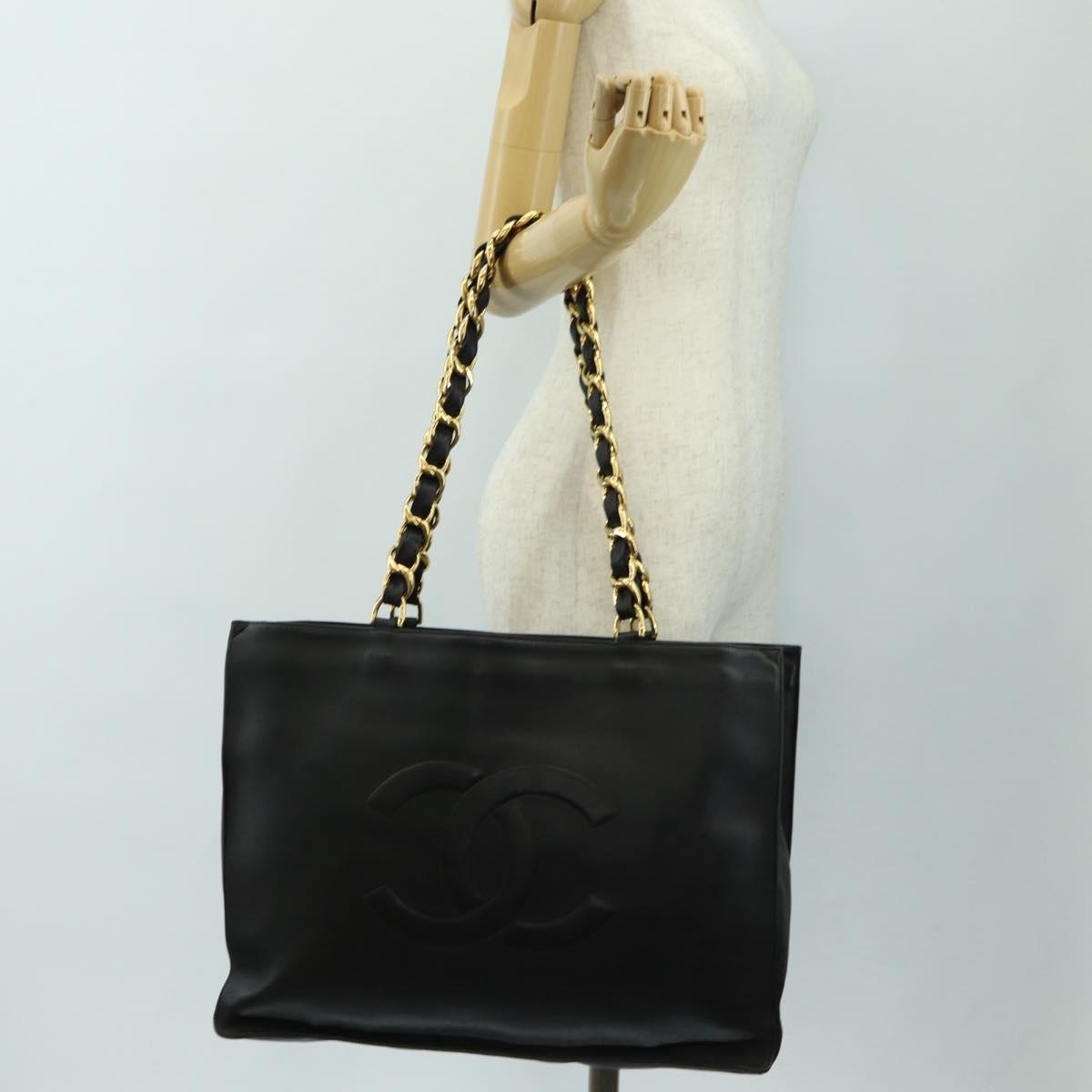 CHANEL Chain Tote Bag Leather Black Gold CC Auth 180487SAV