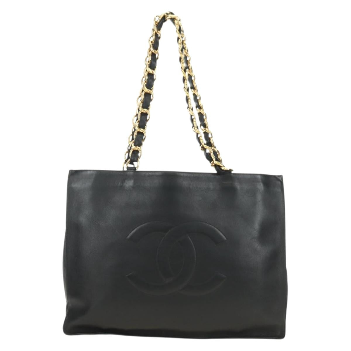CHANEL Chain Tote Bag Leather Black Gold CC Auth 180487SAV