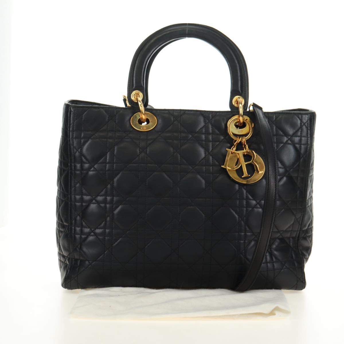 Christian Dior Canage Hand Bag Lamb Skin Black Gold Auth 180510SAM