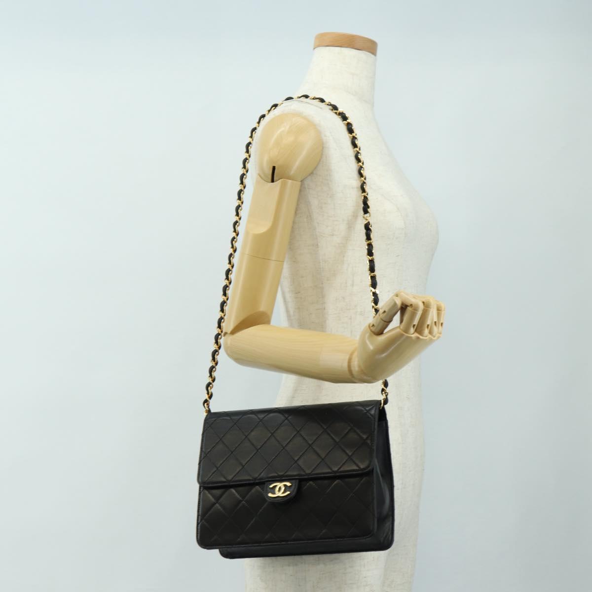 CHANEL Matelasse Chain Shoulder Bag Lamb Skin Black Gold CC Auth 180513SAM