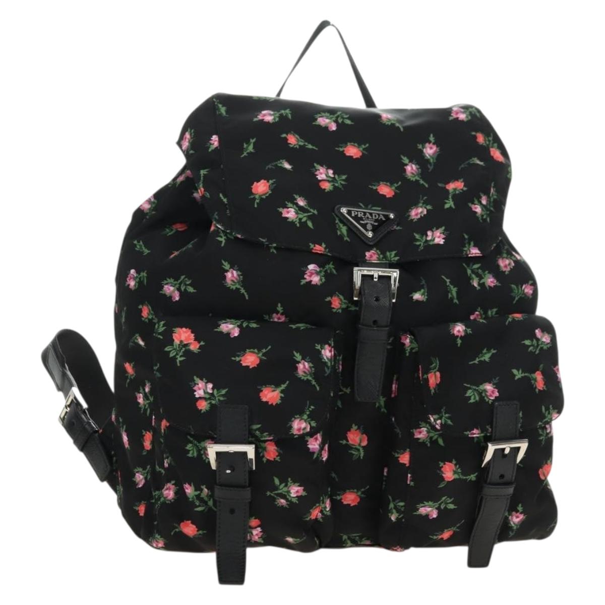 PRADA Floral Backpack Nylon Black Silver 1BZ811 Auth 180522SAM