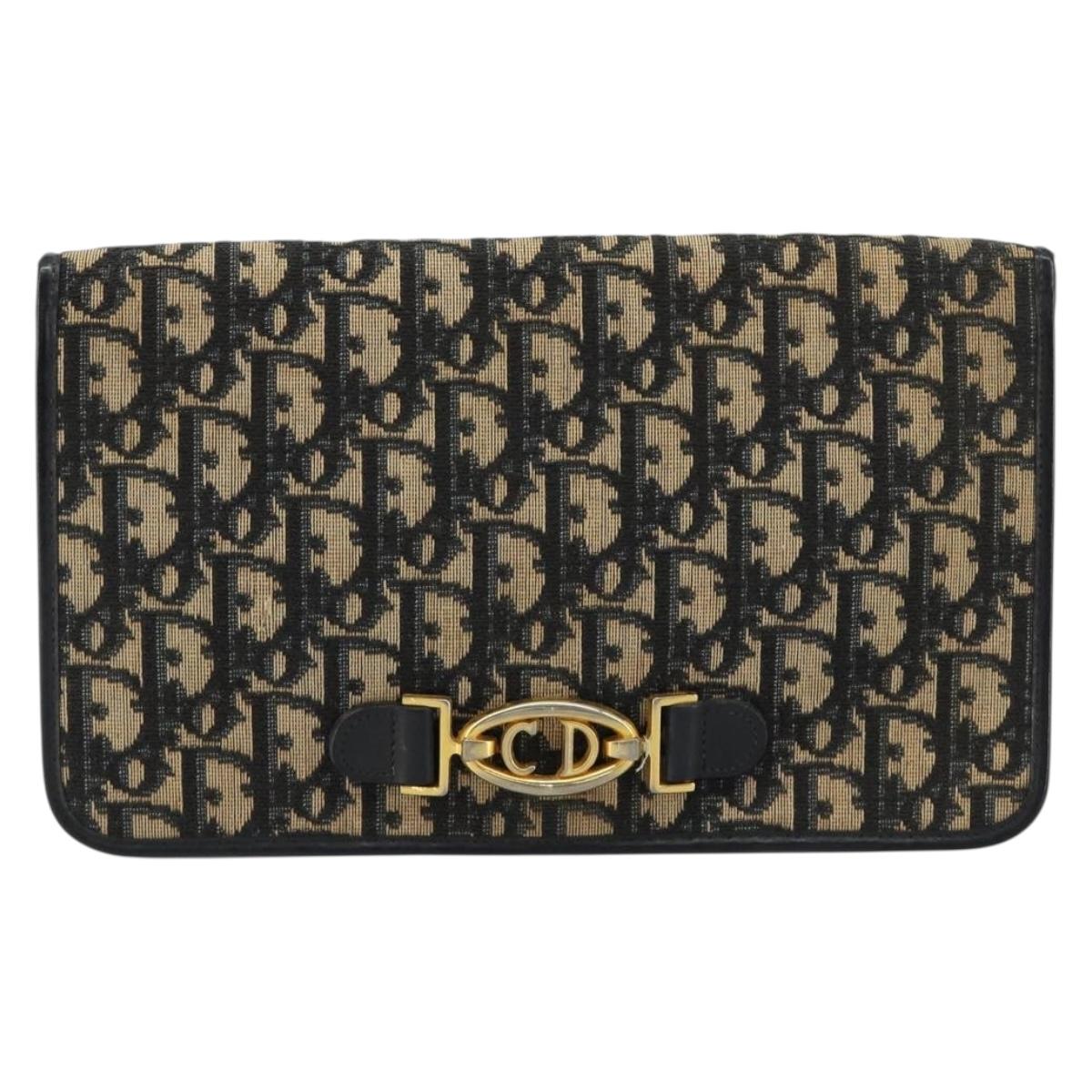 Christian Dior Trotter Canvas Chain Shoulder Bag Navy Gold Auth 180581A