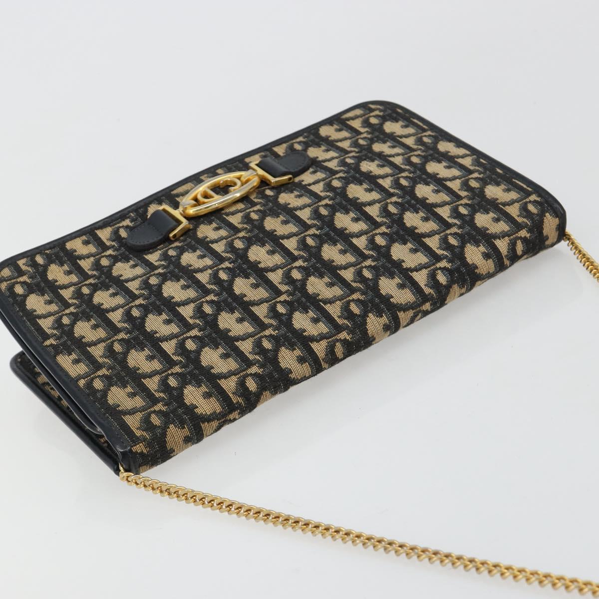 Christian Dior Trotter Canvas Chain Shoulder Bag Navy Gold Auth 180581A