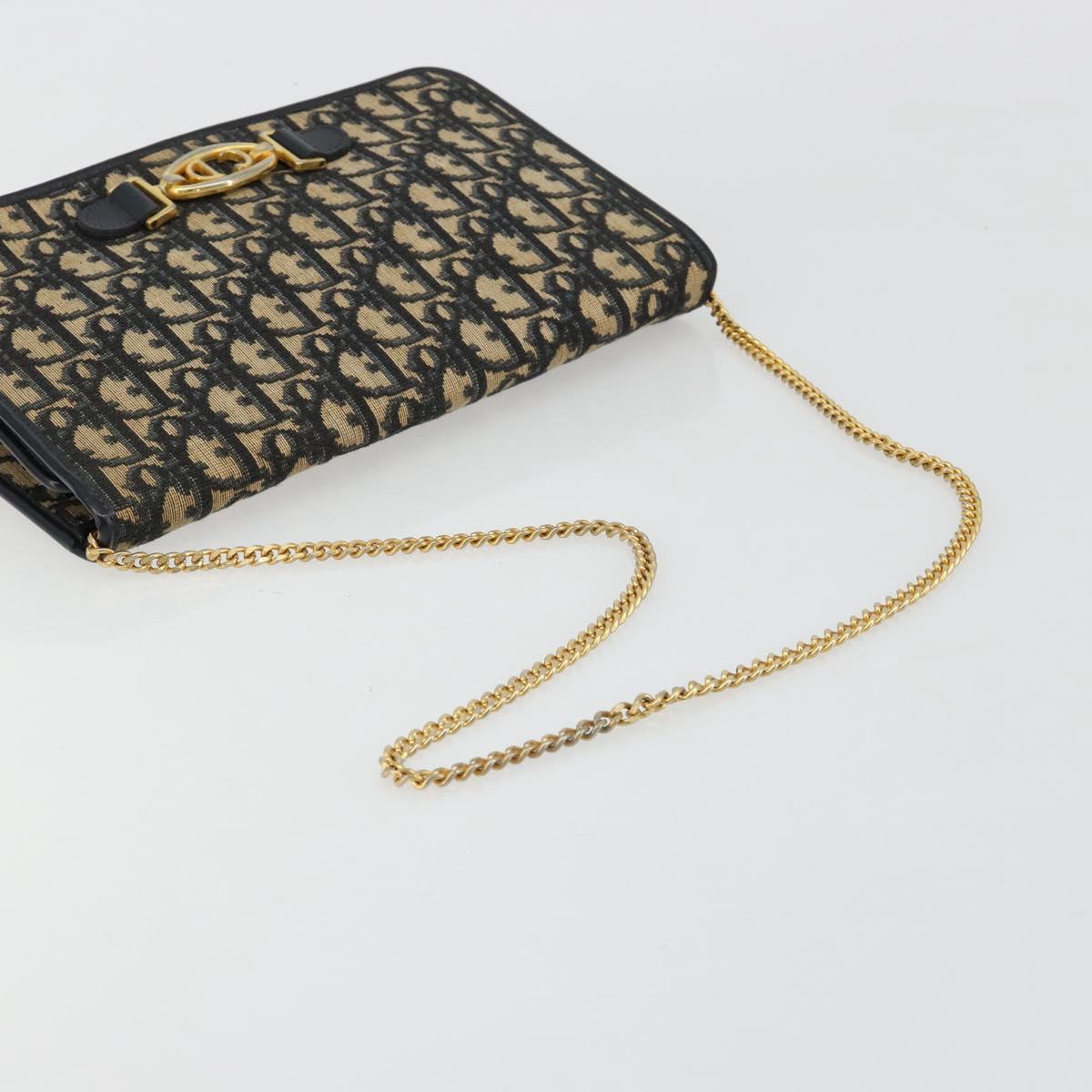 Christian Dior Trotter Canvas Chain Shoulder Bag Navy Gold Auth 180581A