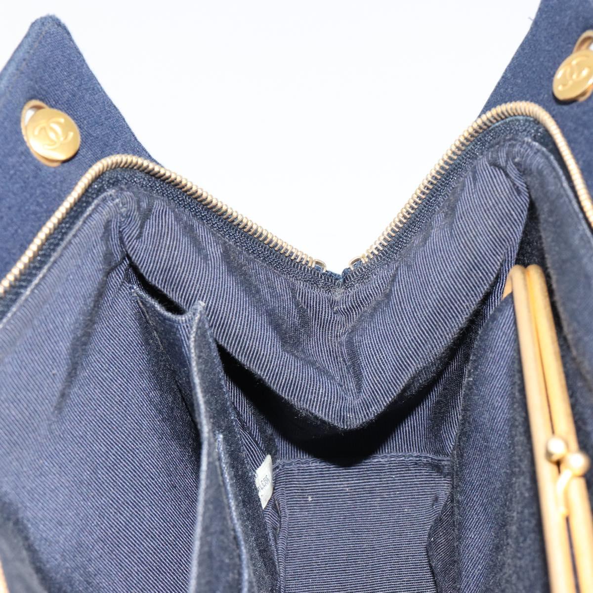 CHANEL Chain Shoulder Bag Cotton Navy Gold CC Auth 180590