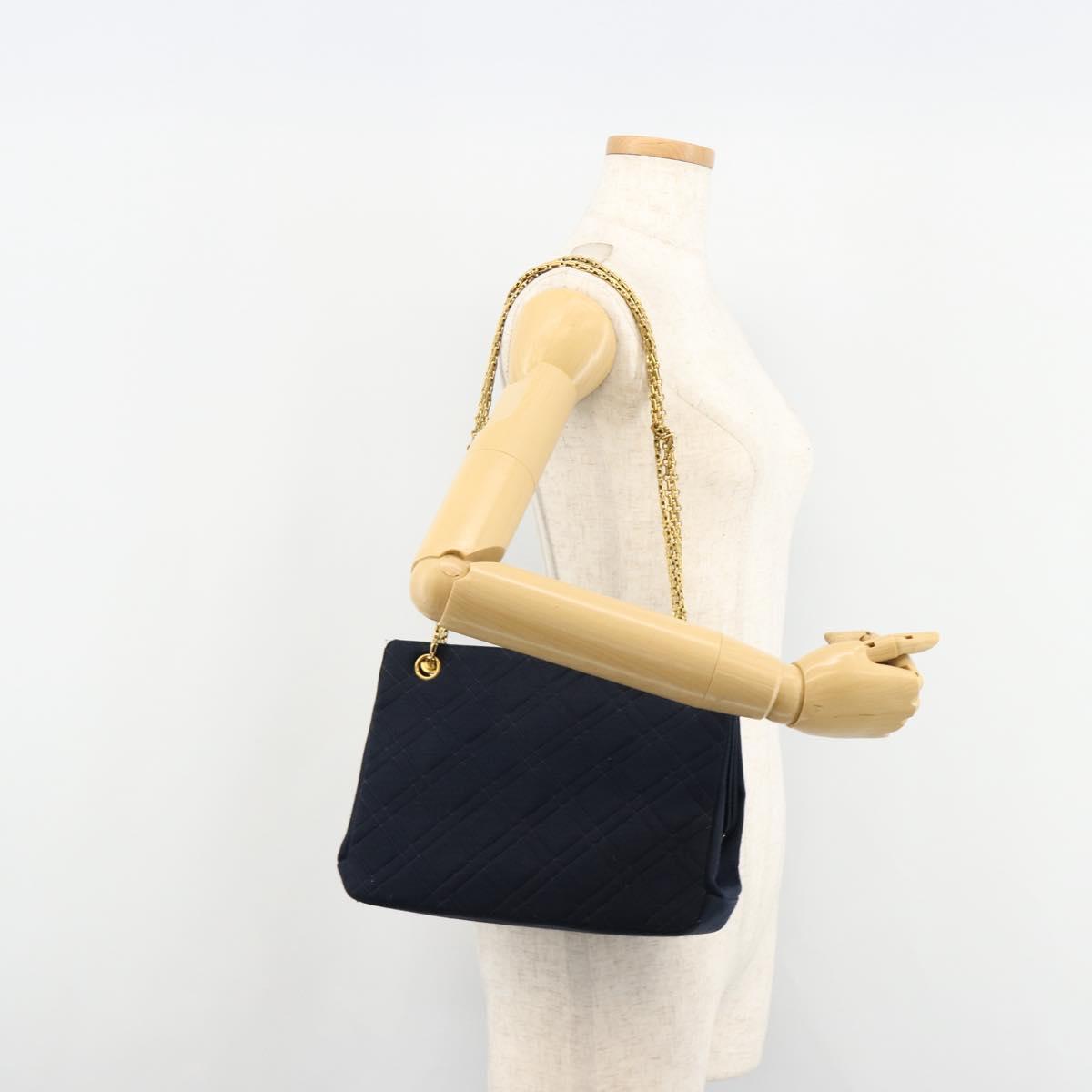 CHANEL Chain Shoulder Bag Cotton Navy Gold CC Auth 180590